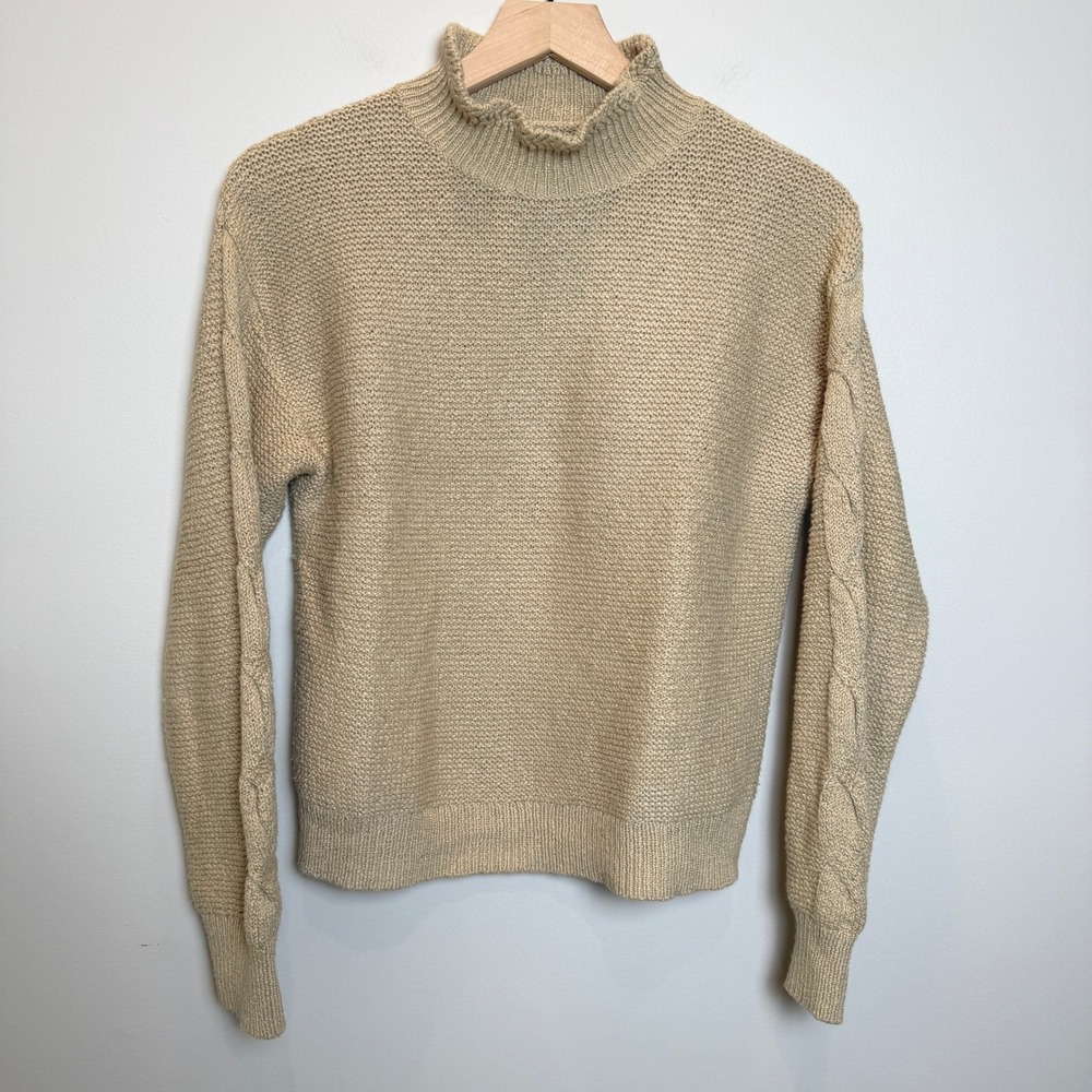 J. Crew Factory Womens S Tan Mock Neck Cable Knit Sleeve Sweater Neutral Coastal